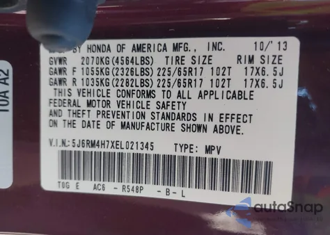 2014 Honda Cr-V Ex-L из США, поврежденный, VIN 5J6RM4H7XEL021345